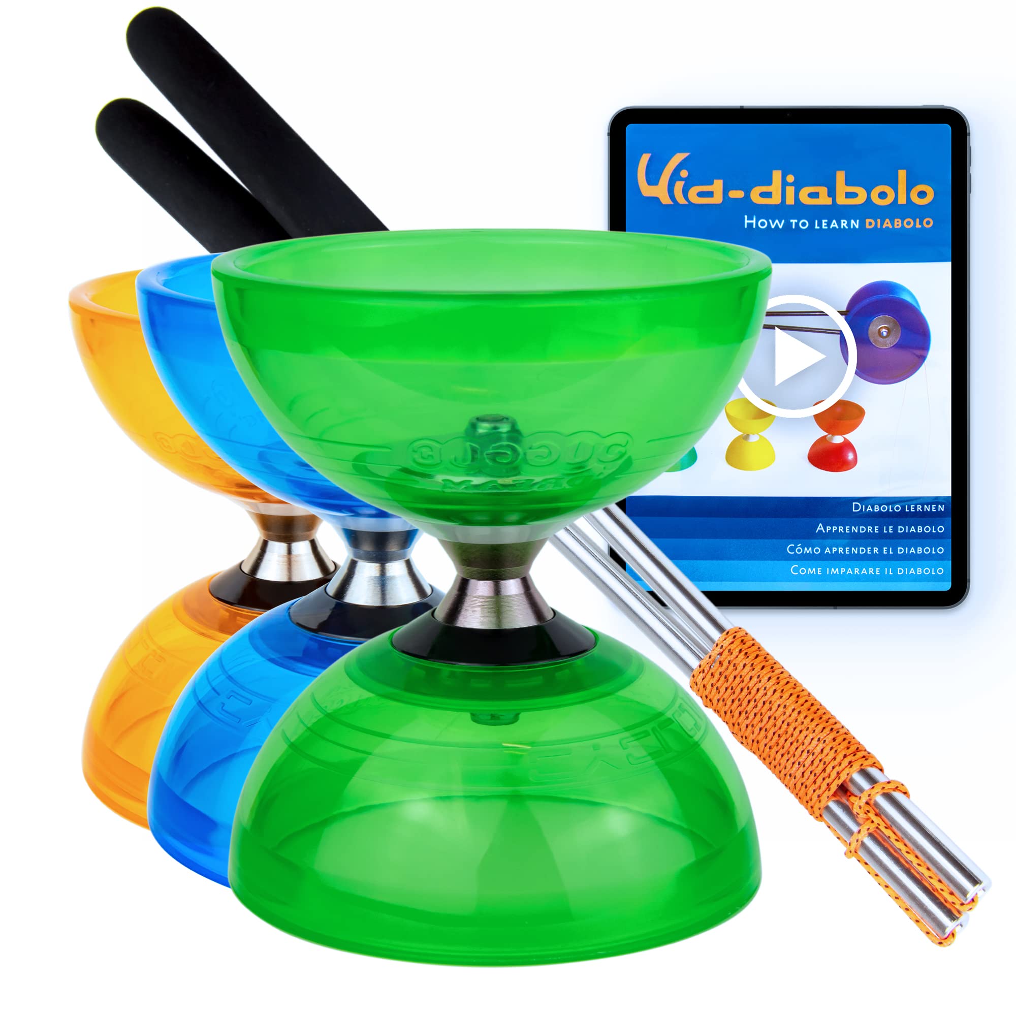 Juggle Dream Cyclone Quartz Diabolo Set - Bearing Axle Professional Diabolo with Aluminium Handsticks and Online Learning Video - Juggling Toy (Clear Green)