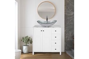 SOLIDEE 32" White Bathroom Vanity with Marble Texture Top and 4 Drawers, Modern Standing Pedestal Cabinet with Silver Boat Glass Vessel Sink
