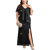 TIARALY Plus Size Formal Maxi Dress Sparkly Asymmetric Cape V-Neck Mermaid Side Split Cocktail Wedding Guest Evening