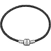SOUKISS Genuine Black Leather Woven Bracelet with 925 Sterling Silver Barrel Snap Clasp Bead Bracelet for Charms