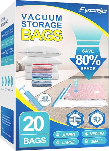Fygrip Vacuum Storage Bags with Hand Pump, Plastic Packaging Bags, 80% Space Saver Vacuum Seal Bags for Clothing, Travel Lugg