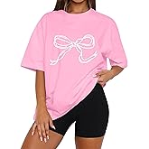 Ardrem Women Oversized Bow T Shirts Short Sleeve Crewneck Graphic Tee Shirts Cute Bow Shirts Casual Basic Aesthetic Tee Tops