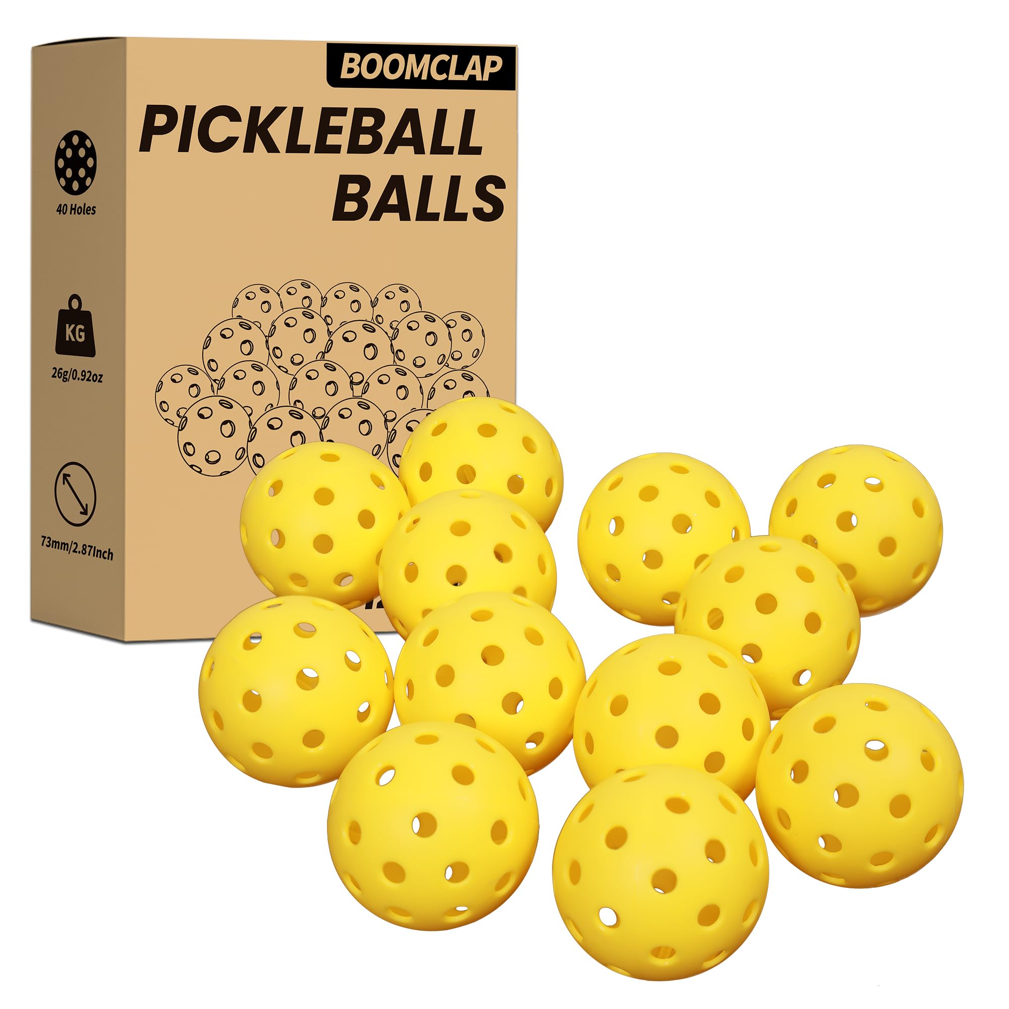 BOOMCLAP Pickleball Balls, 12 Pack Pickleballs for Outdoor, Good Balance, Bounce Stable, Durable Pickle Balls That Meet USAPA Requirement - Yellow