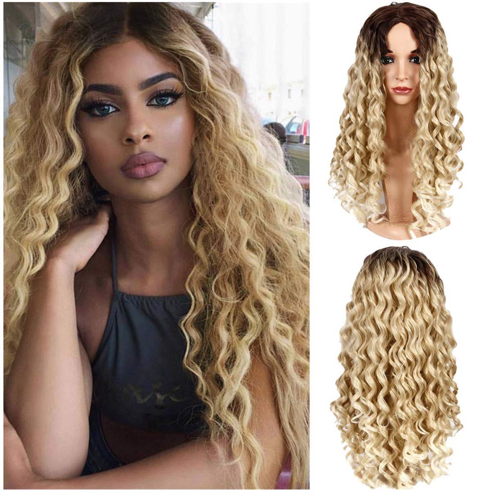 Maxpex Black Gold Gradient Long Curly Hair Wig Synthetic Water