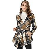 Allegra K Women's Turn Down Collar Asymmetric Hem Thin Plaids Wrap Coat