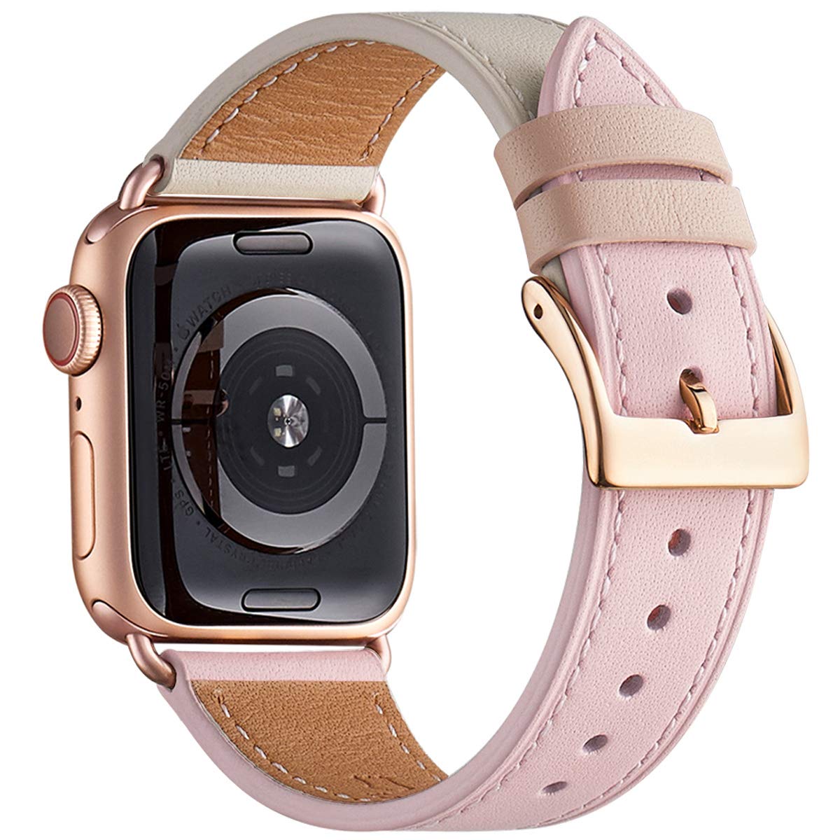 WFEAGL Strap Compatible for Watch 38mm 40mm 42mm 44mm Strap,Top Grain Leather Band Replacement Strap with Stainless Steel Clasp for Watch Series 5/4/3/2/1 (38mm 40mm, Pink+Ivory Band+RoseGold Adapter)
