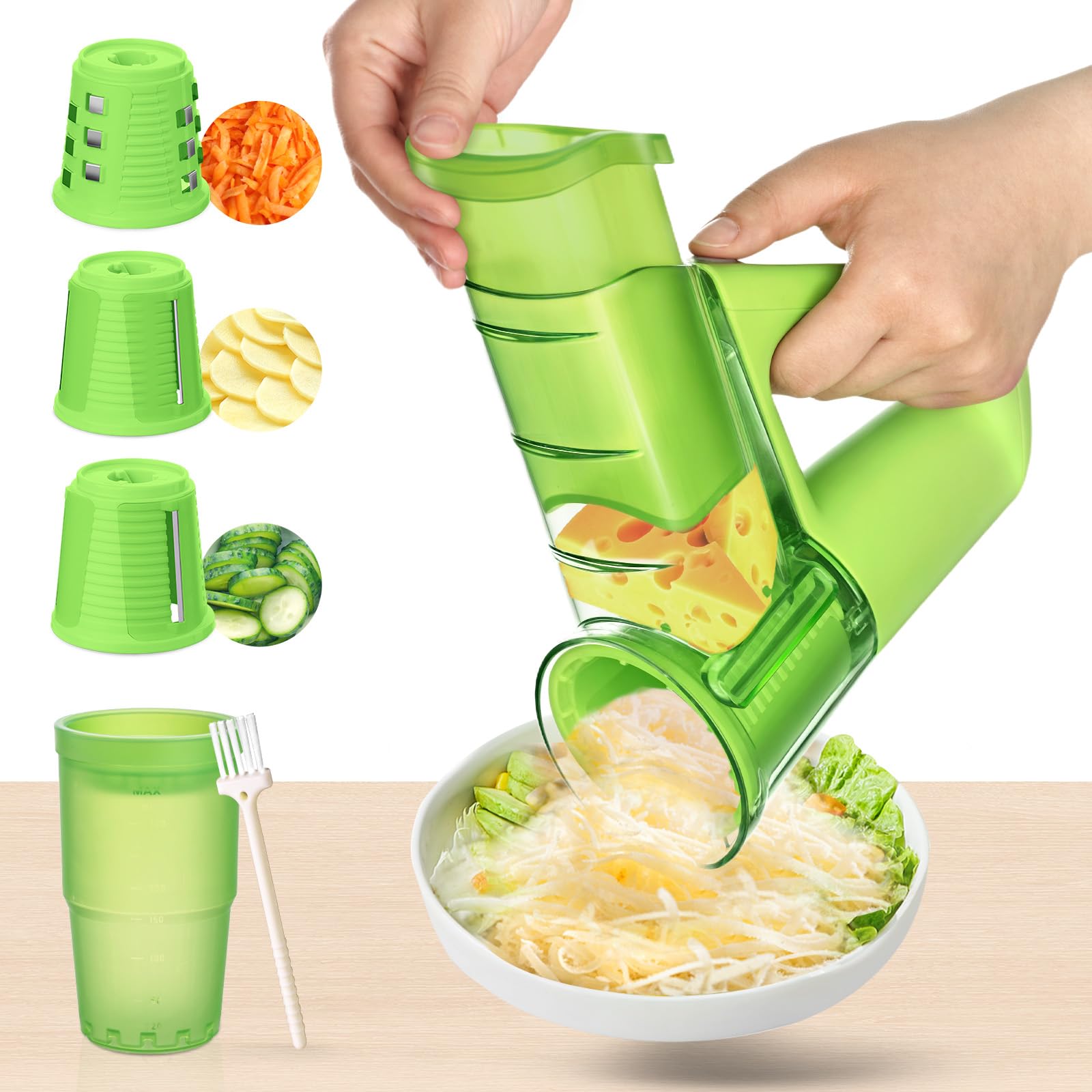Photo 1 of HANSGO Electric Vegetable Slicer, Handheld Salad Cutter Rotary Grater Food Chopper with Container, 3 Blades for Onion Garlic Carrot Cucumber, Green
