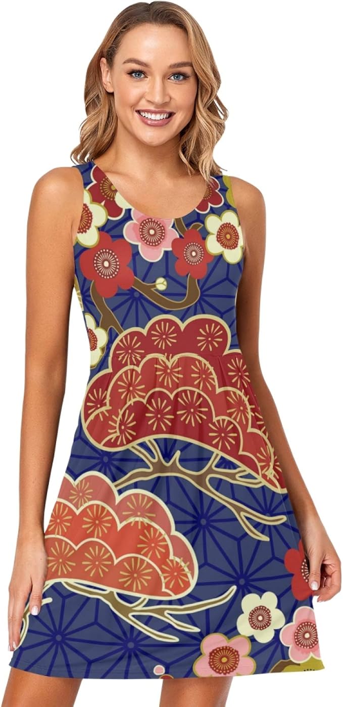 Cherry Blossoms Women Summer Sleeveless Dress Pine Tree Japan Style