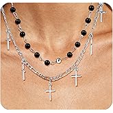 Zikichiky Punk Layered Cross Choker Necklace for Women Gothic Stackable Rosary Cross Necklace with Figaro Chain, Statement Bead Silver Jewelry