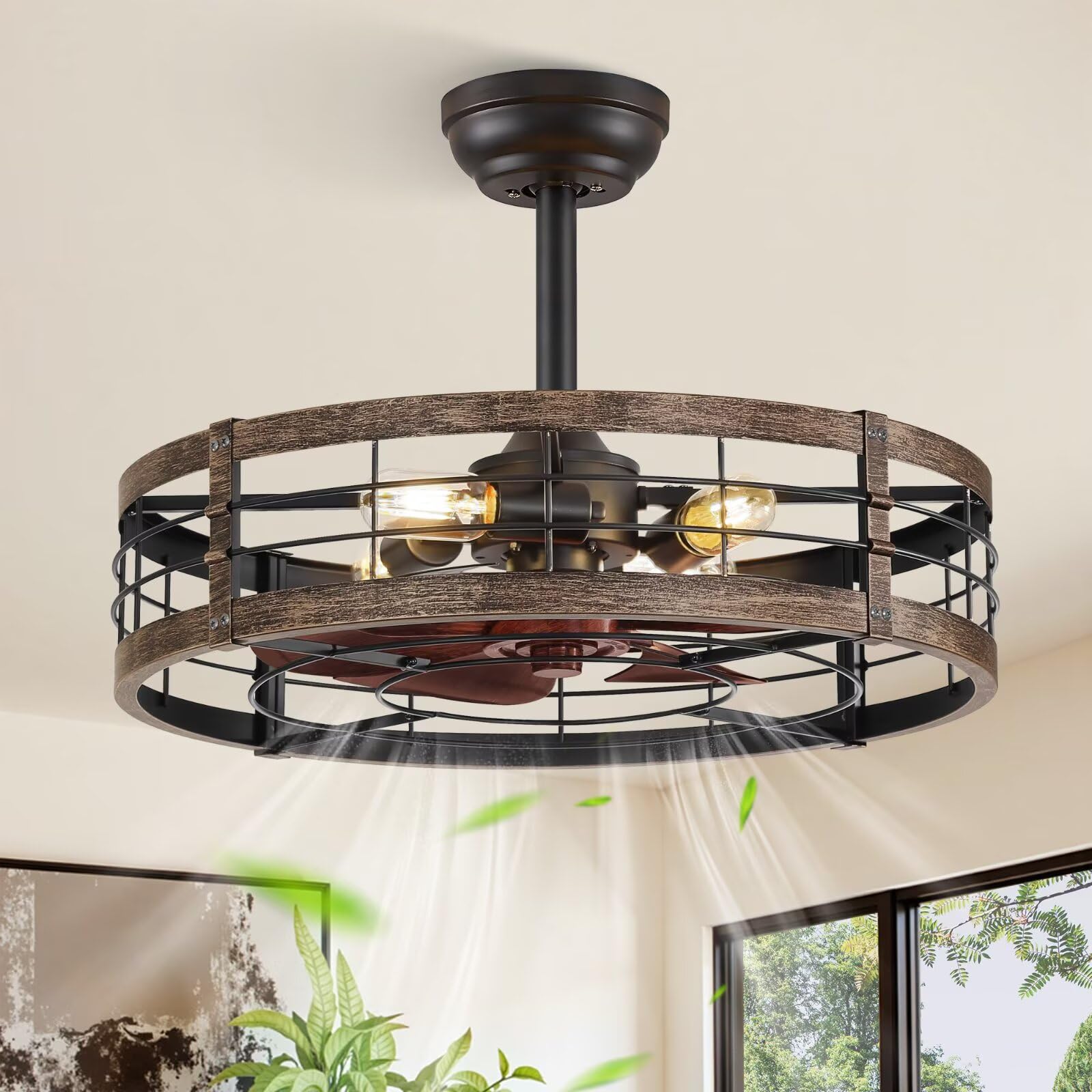 Photo 1 of LEDIARY 22 Inch Caged Ceiling Fan with Light, Fandelier Farmhouse Ceiling Fan with Remote, Small Bladeless Fan Lights Ceiling Fixtures for Kitchen, Bedroom, Outdoor-Black and Gold