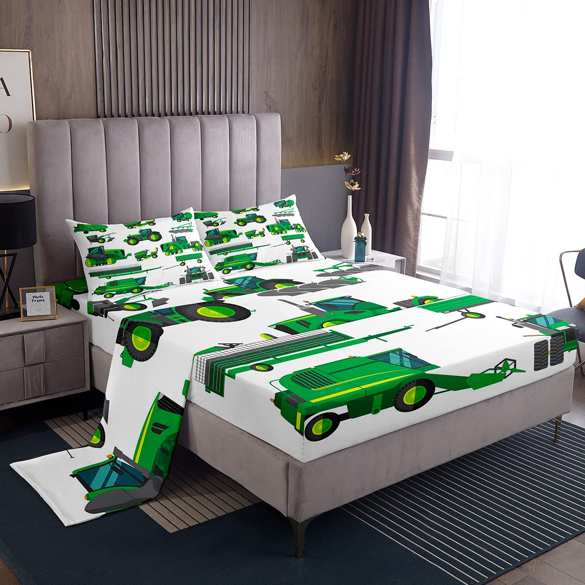 Loussiesd Kid's Sheet Set Double Excavator Car Bedding Set For Boys Girls Children Cartoon Construction Truck Bed Sheets Set (1 Flat Sheet + 1 Fitted Sheet + 2 Pillow Case), Double, Green