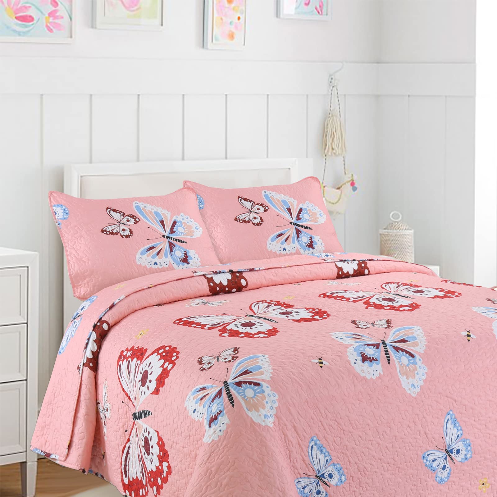 Cozy Line Home Fashions Pink Microfiber Reversible Girls Coverlet Bedspread Quilt Set, Bedspread, Coverlet (Butterflies, Queen - 3 Pieces) Image