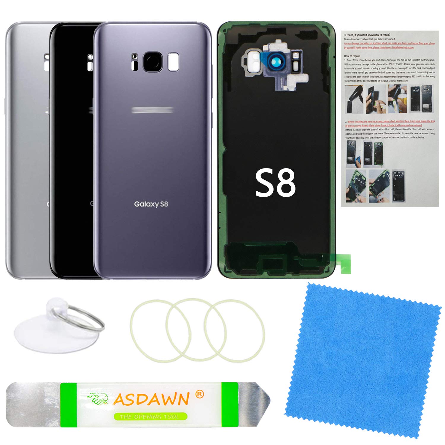 Photo 1 of Galaxy S8 Back Glass Cover Replacement Housing Door with Pre-Installed Camera Lens + Installation Manual + All The Adhesive + Repair Tool Kit for Samsung Galaxy S8 SM-G950 All Carriers (Orchid Gray)