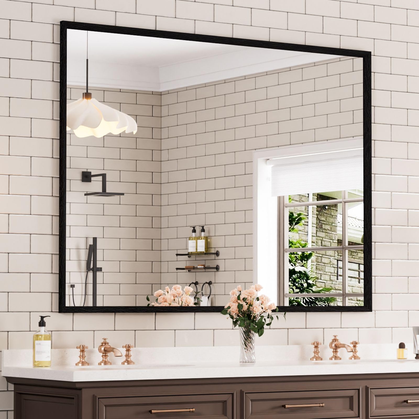WEER 48X36 Inch Black Bathroom Mirror, Rectangular Framed Mirror for Bathroom, Matte Black Wall Mounted Large Vanity Mirror, Farmhouse Mirror, Tempered Glass, Anti-Rust, Horizontal or Vertical Image