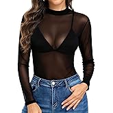 PT Haahoos Women's Long Sleeve Mock Neck Mesh Top Sheer See Through Shirt Sexy Party Club Blouse