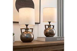 BRIGHTWE Rustic Farmhouse Ceramic Table Lamp Set of 2, Retro Bedsides Lamps Bedroom with Beige Fabric Lampshade Jar Lamps for Nightstand, 12” Small Table Lamp for Bedroom Living Room Office End Table Art Deco