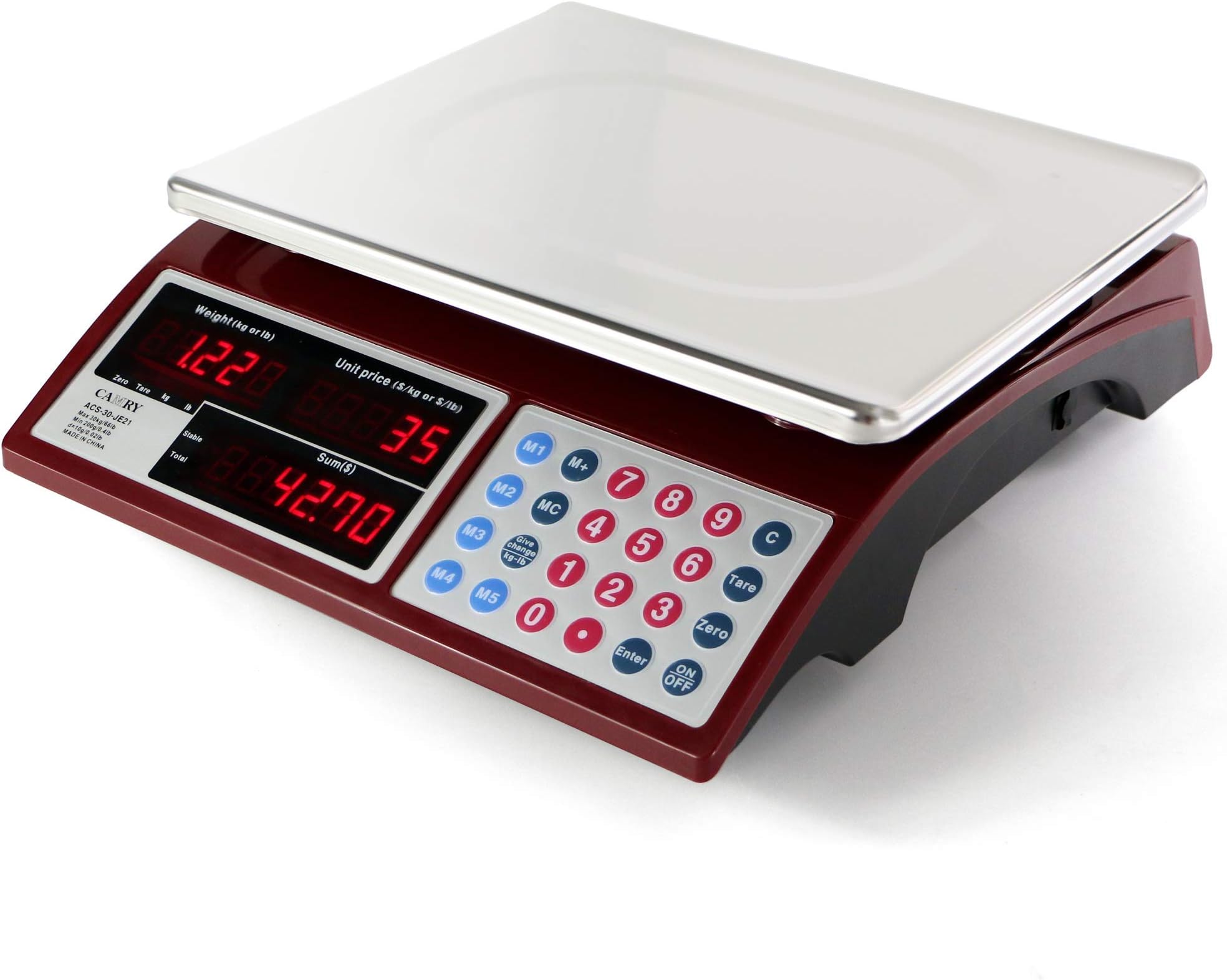 CAMRY Digital Commercial Price Scale 66lb / 30kg for Food Meat Fruit Produce with Dual Bright Red LED Display Stainless Steel Platform Rechargeable Battery Included Not for Trade