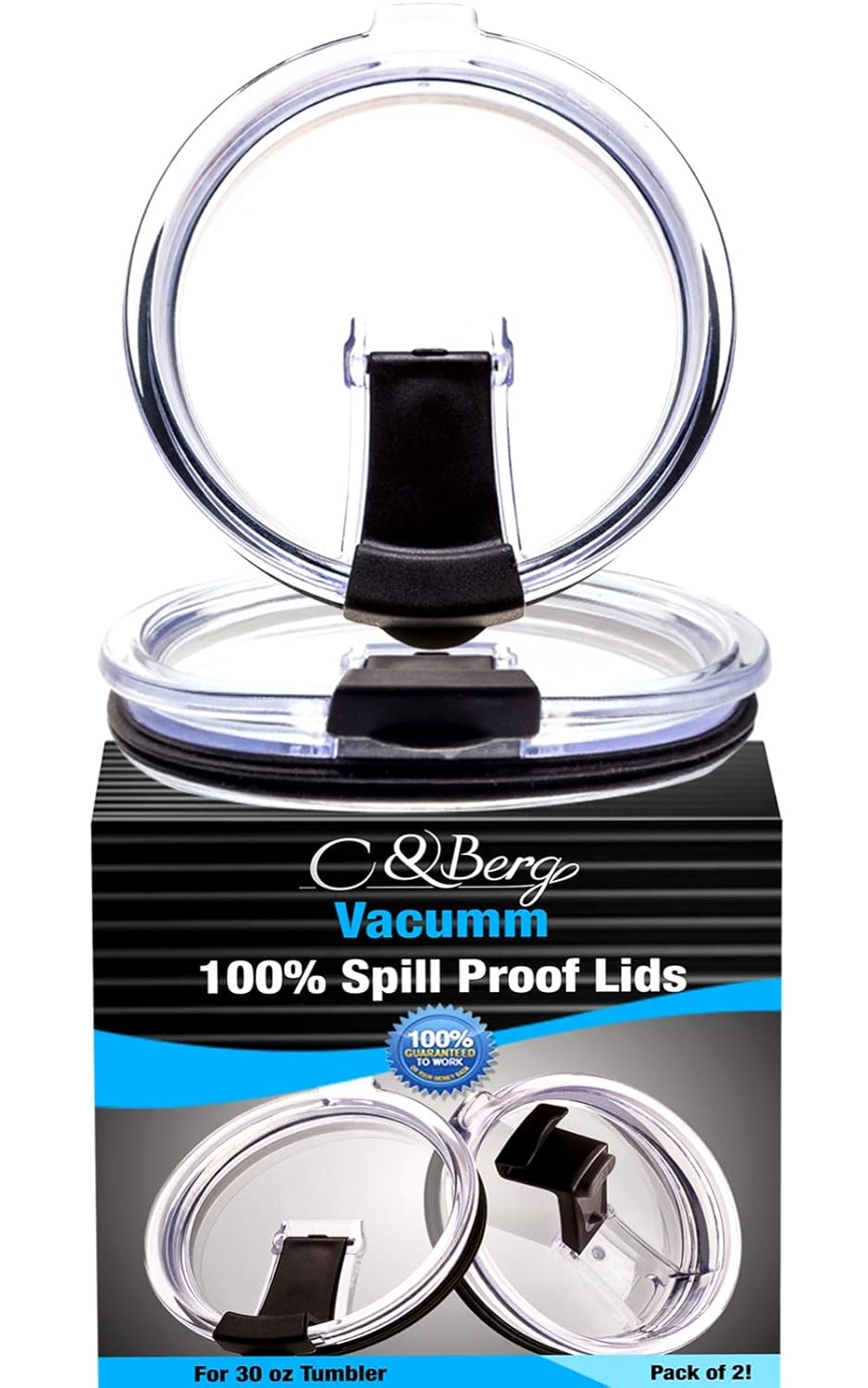 2 Yeti Lids 30 oz SPILL PROOF - NO LEAK & Splash resistant Vacuum Replacement Black Locking Closure 2 Lid For Tumbler, Fits Ozark Lids Open/Close 3.5 INCH DIAMETER by C&Berg MODEL 2019