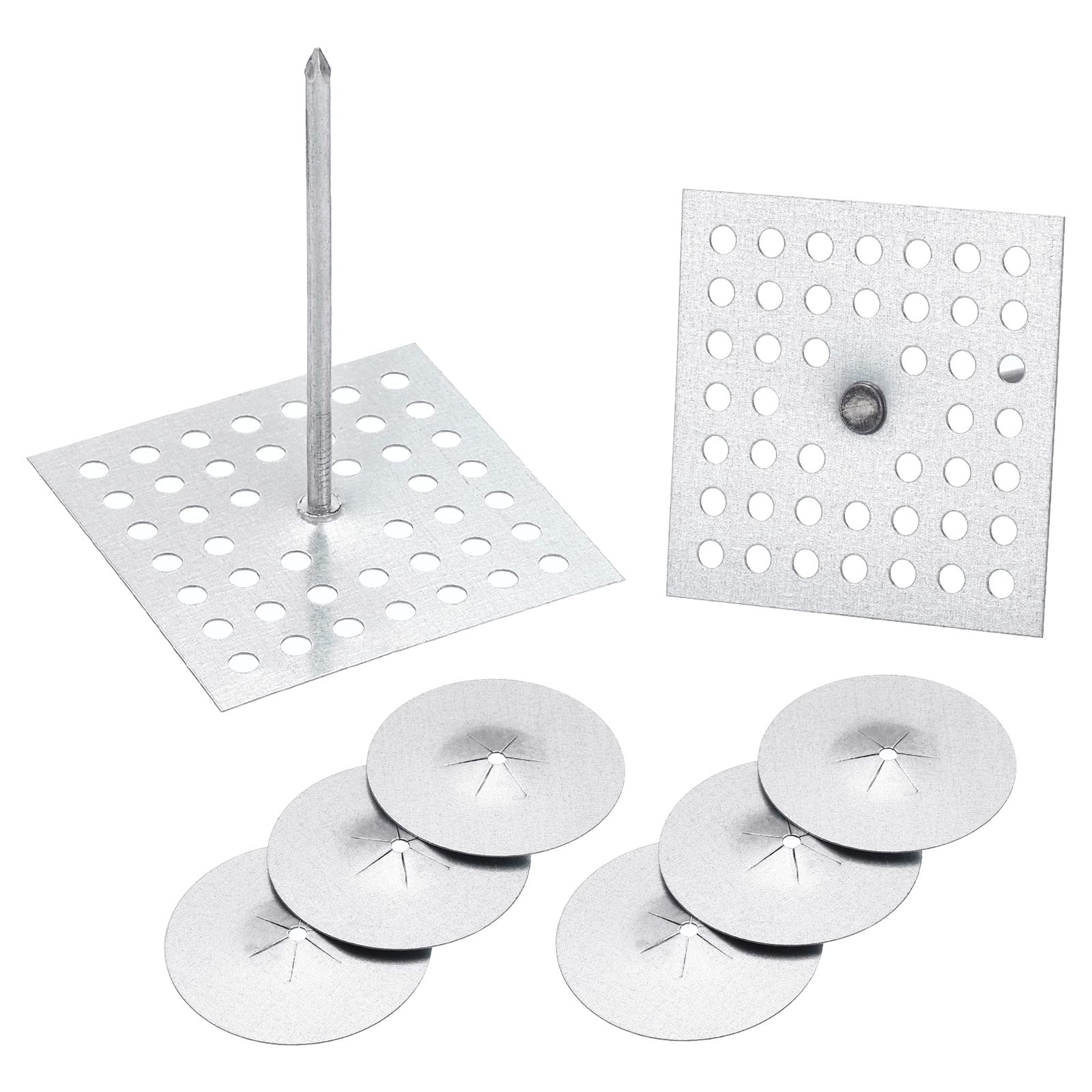 Photo 1 of PATIKIL 200pcs Perforated Insulation Pins 2-1/2 inch, 1.5in Self Locking Washers Insulation Stick Pins Aluminum Insulation Hangers Round for Foam Board Wall Floor Ceiling 100 Set/200Pieces