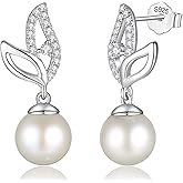 FANCIME Pearl Earrings 925 Sterling Silver Leaf Pearl Stud Earrings Dangle Earrings with Genuine Quality 8.5-9mm Freshwater Cultured Pearls Fine Pearl Jewelry for Women