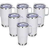 Abbrevi 20 oz Stainless Steel Tumbler with Handle Bulk Metal Insulated Tumblers Travel Coffee Mug with Handle Double Wall Tumbler Cup with Lid and Straw, White 6 Pack