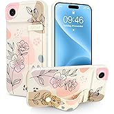 Jefonha Case for iPhone Air Silicone Phone Case with Strap for Women Girls Cute Floral Flowers Design, Adjustable Finger Strap Kickstand Protective Cover, Beige