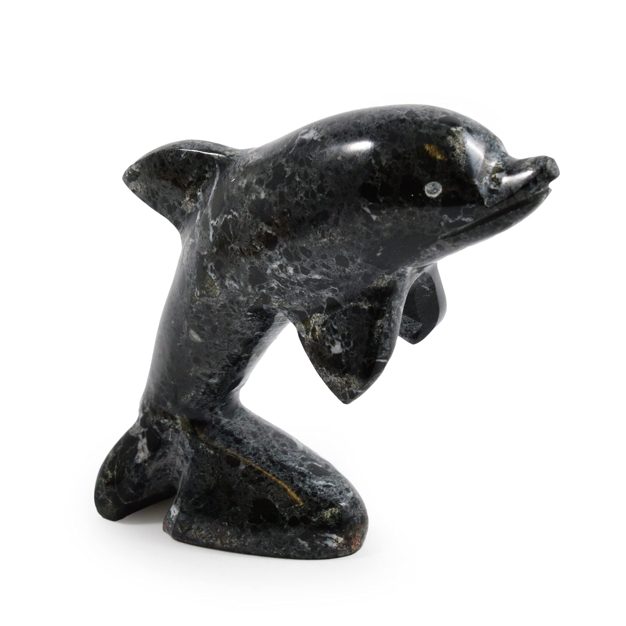 Serafino Himalayan Onyx Marble Fossilstone Animals 3'' Shark Penguin Owl Swan Seal Hand Carved Decorative Ornament (Black Marble Dolphin)