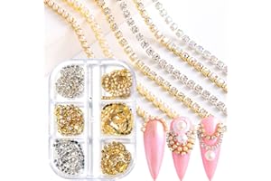 VEZOCIM Metal Nail Art Chains Decorations, Gold Silver Nail Art Line Accessories, Punk Luxury Pearl Gem Nail Art Glitter Design, 3D Nail Art Chain Supplies for Women Manicure Art, Resin Nail Art Tips Tools