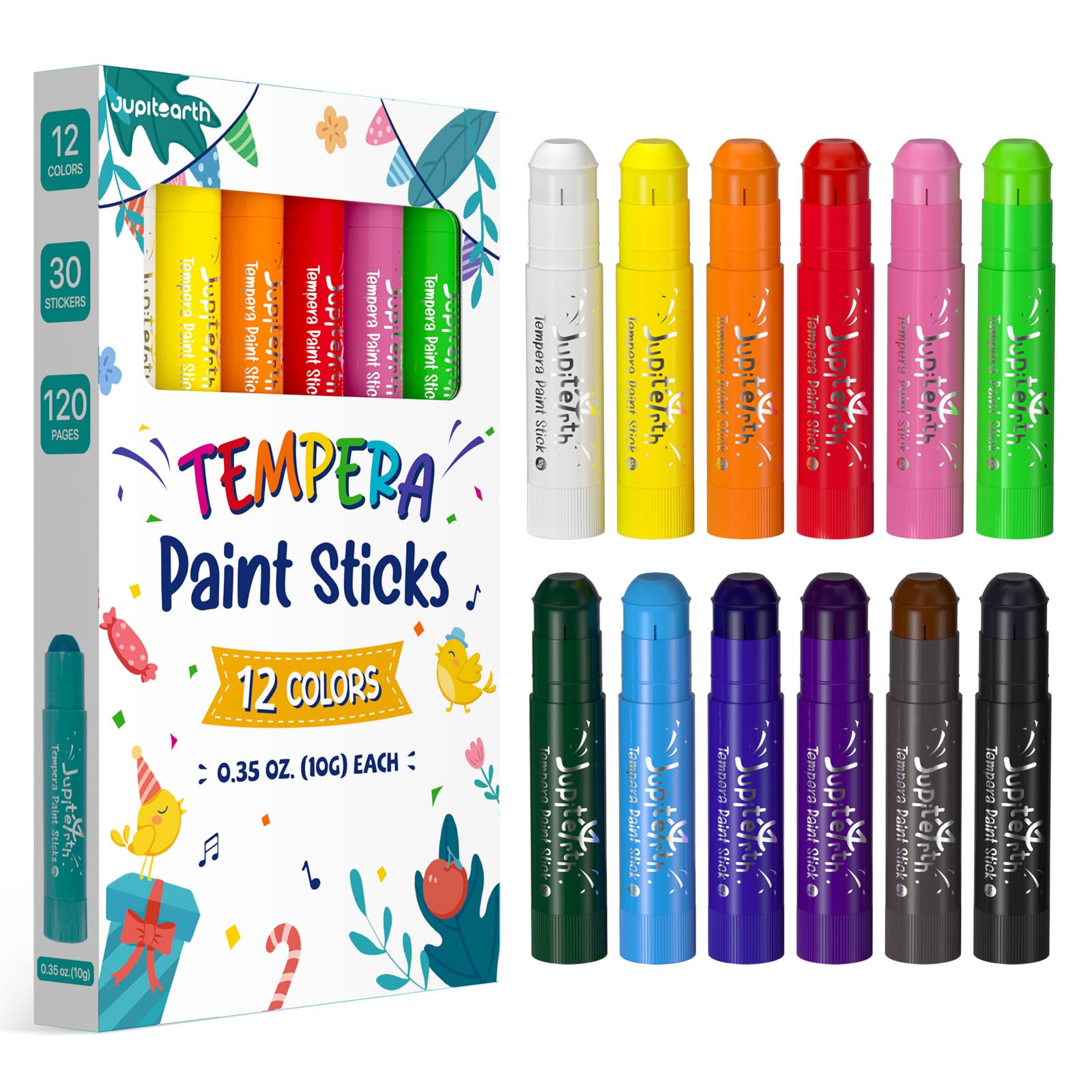 12 Colors Tempera Paint Sticks with 120 PDF Coloring Pages and 30 Stickers, Quick Drying, Smooth, Non-Toxic and Washable Paint Sticks for Kids, Art Supplies for Drawing on Various Objects