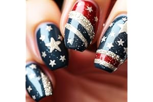 AROVFAM 24Pcs 4th of July Press on Nails Independence Day Acrylic Medium Square Fake Nail Glossy Silver Glitter Curve False Nails Fourth of July Gel Glue on Nail French Stick on Fingernails for Women Girls