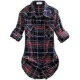 Match Womens Button Down Flannel Plaid Shirts roll up Long Sleeve Shackets Business Blouse Top