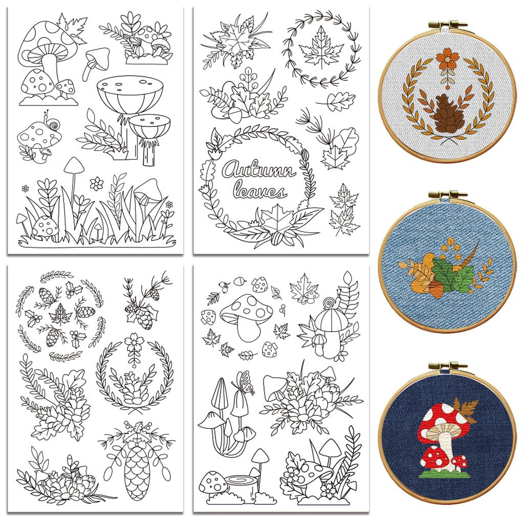 Peacoblue Fall Water Soluble Embroidery Patterns for Beginners 4 Sheets Pinecones & Leaves in Autumn with 33pcs Patterns, Wash Away Stick and Stitch Dissolvable Embroidery Paper for Hand Sewing Lovers โ image 1