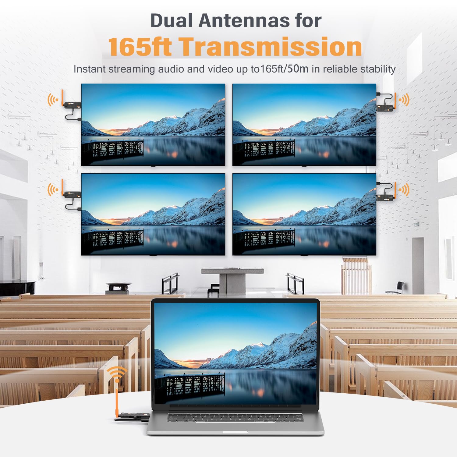 Wireless HDMI Transmitter and 2 Receivers, Support Up to 6 Receivers, 5.8G WELUSOPU HDMI Wireless Extender Casting Content for PC Laptop Camera Cable Box to Multiple TVs Monitors Projectors -165FT