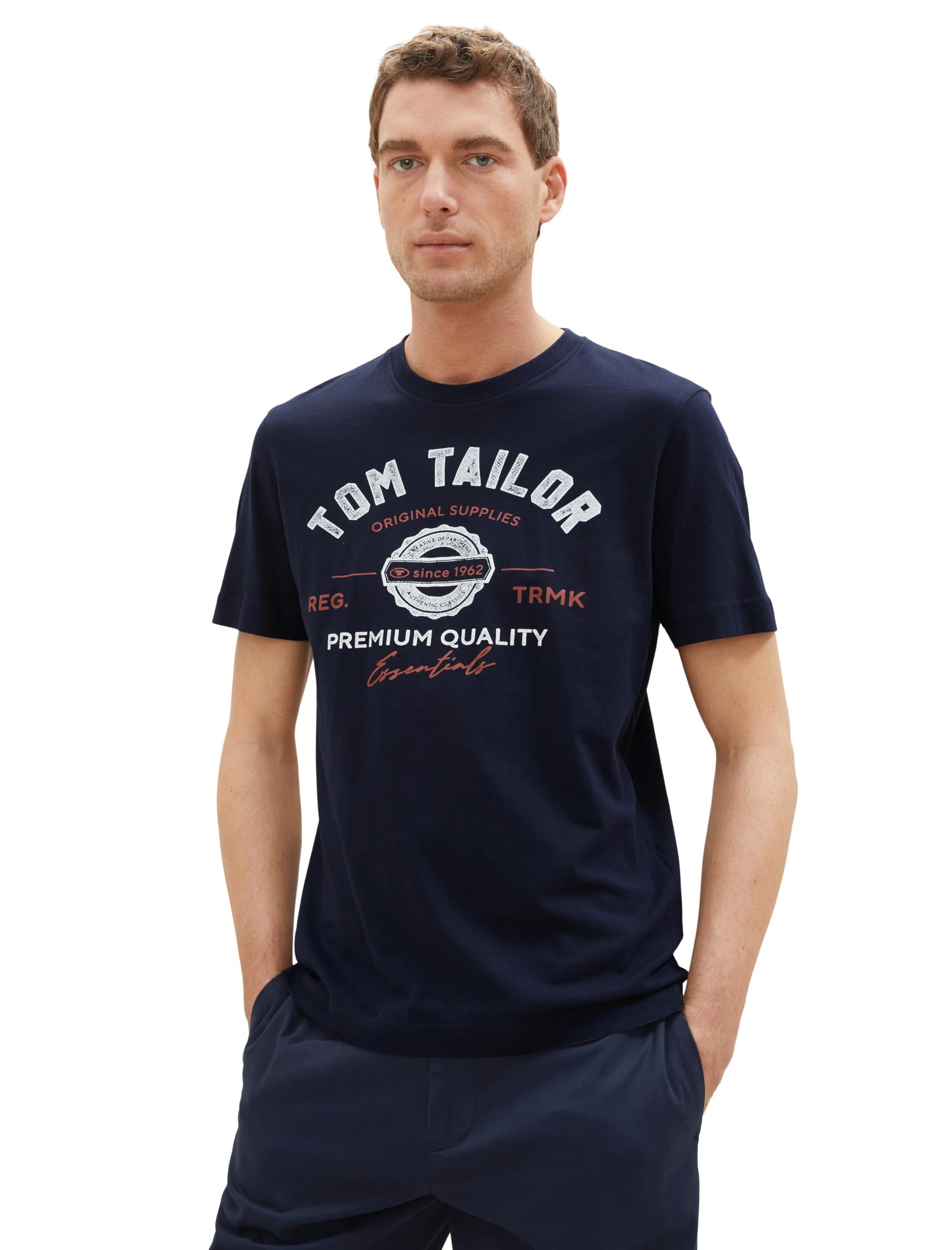 TOM TAILOR Herren T-Shirt mit Logo-Print aus Baumwolle, sky captain blue, XL 7