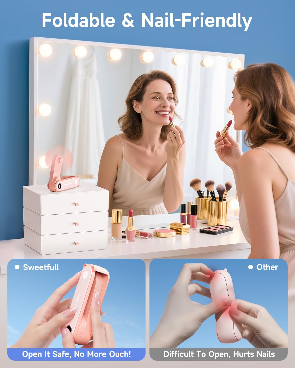 SWEETFULL Portable Handheld Mini Fan with LED Display, 3-in-1 Personal Foldable USB Rechargeable Hand Held Fan & Flashlight for Travel, Lash Eyelash, Cute Small Pocket for Women, Girls