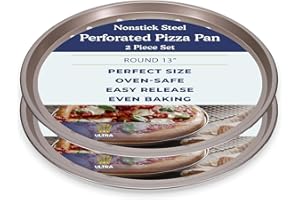 Ultra Cuisine Large Round Carbon Steel Perforated Pizza Pan with Holes, Nonstick, 13in, Champagne