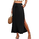 ELLEVEN Linen Straight Maxi Skirt with Side Slit - Elastic Waist Drawstring Long Flowy Ankle-Length Skirt with Pockets