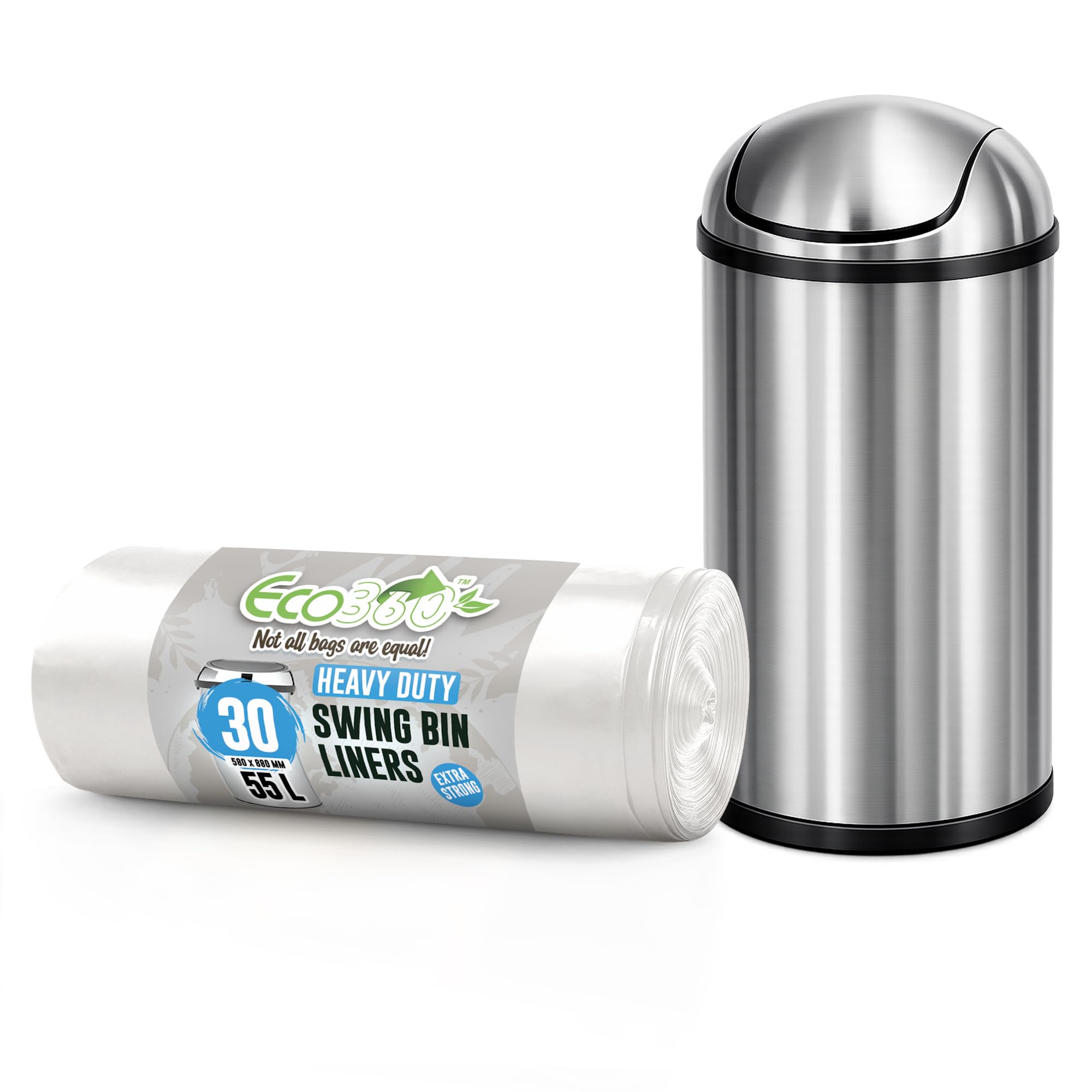EcoBag - 30 Pack Heavy Duty White Bin Liners - 55L - 15 Microns - Extra Strong, Leak-Proof, Tear-Resistant Bags for Swing Bins, Kitchen, Home & Office (580x880mm)