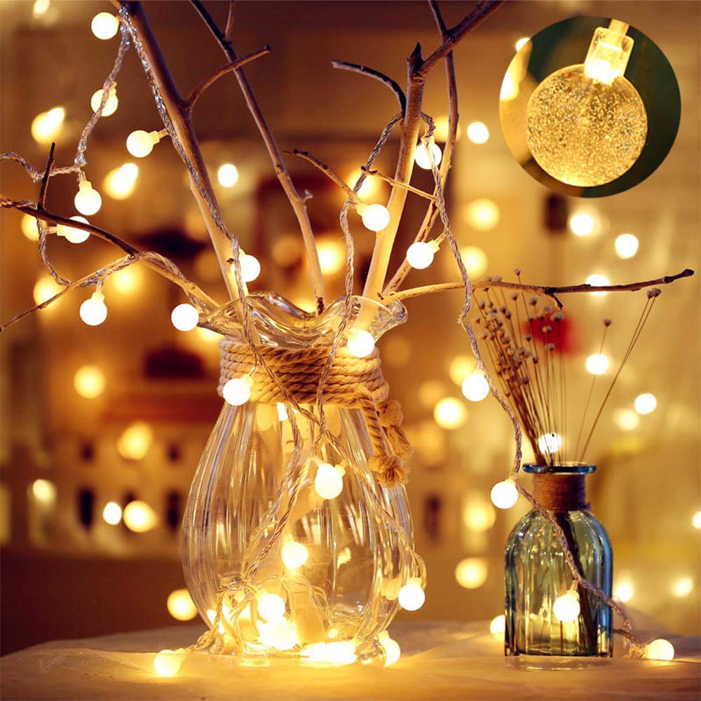 Musebits 40LED 20FT Twinkle Globe Fairy Curtain String Light Ball Battery Powered 2 Modes for Indoor Outdoor Christmas Wedding Party Bedroom Window Home Garden Patio Decorative (Warm White)