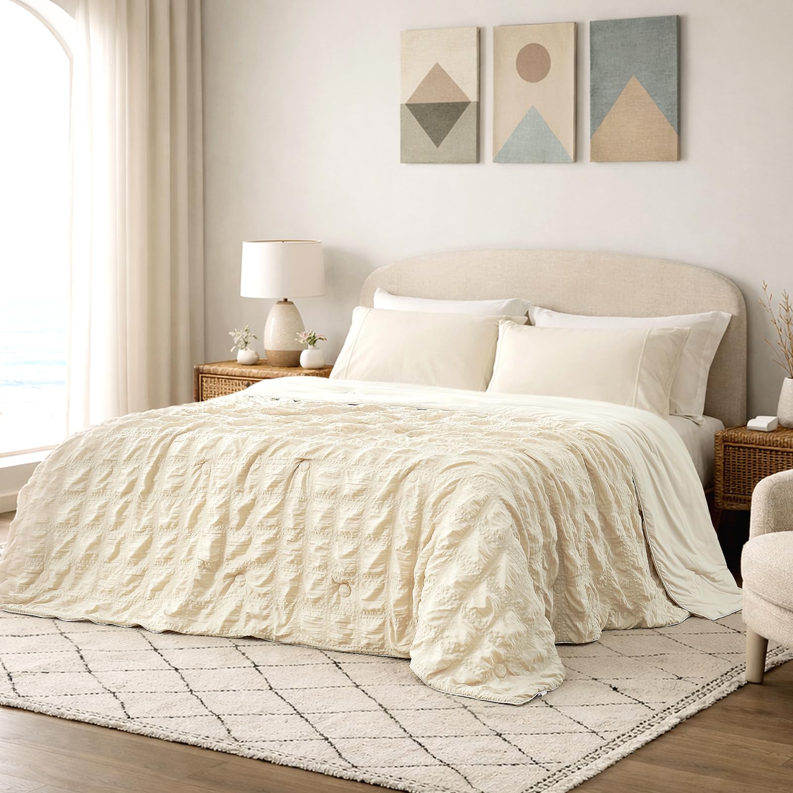 Cozy Bliss Cooling Comforter Seersucker Plaid King Size, Q-Max 0.45 Lightweight Cooling Blanket, Breathable Silk Smooth Summer Bedding Quilt for Hot Sleepers Night Sweats Khaki Image