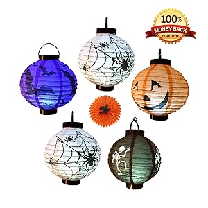EverKid Halloween Decorations Paper Lanterns with LED Light, pack of 5 - Skeleton,Bats,Jack-O,Spiders