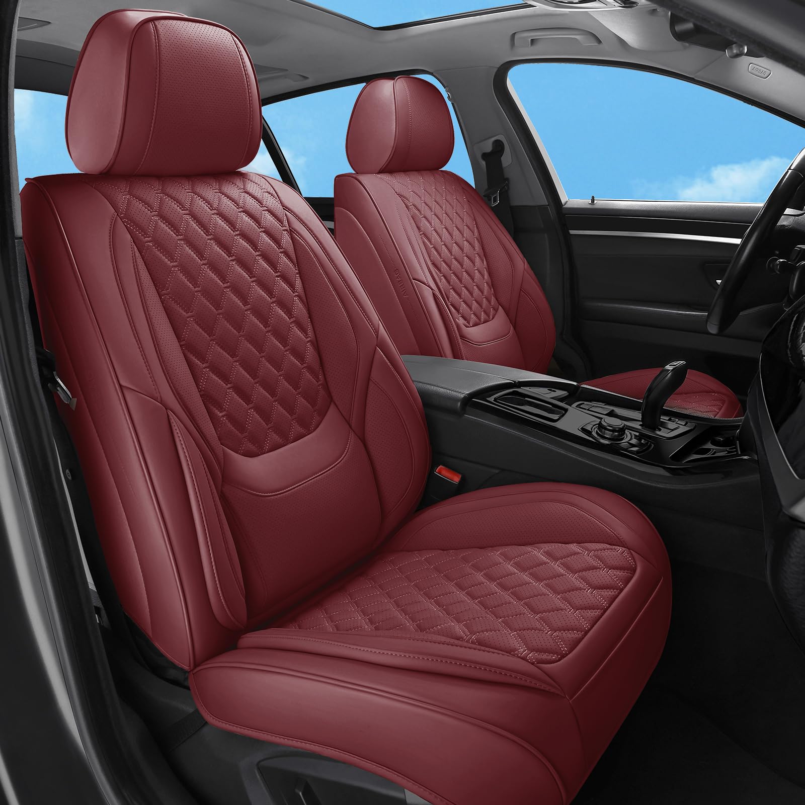 Photo 1 of ** HAS RIPS ACROSS MATERIAL/NOT IN A BOX / INSIDE A BAG*** Sxikin Car Seat Covers Full Set Burgundy, Luxury Faux Leather Waterproof Women Non-Slip Seat Protector Universal Fit for Most Cars SUVs Trucks Pick-ups Car Accessories Interior (Wine Red-Full Set)