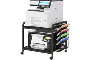 EasyCom 24"x20" Large Printer Stand with Hanging File Holder Organizer, Adjustable Height Shelf with Wheels, Under Desk Table with Storage for Printer Scanner Fax Home Office Use Black