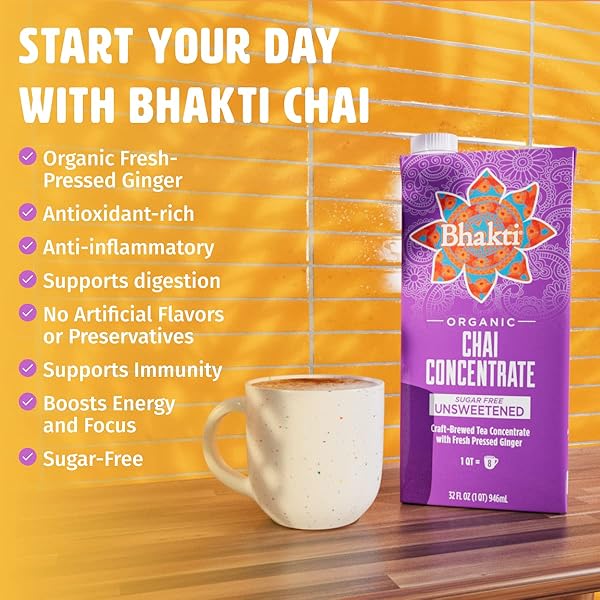 BHAKTI FAIR TRADE DAIRY FREE PREMIUM CHAI TEA – UNSWEETENED CONCENTRATE (32 OUNCE, 1 COUNT) – EXPERIENCE THE FRESH AND SPICY GINGER CHAI DIFFERENCE