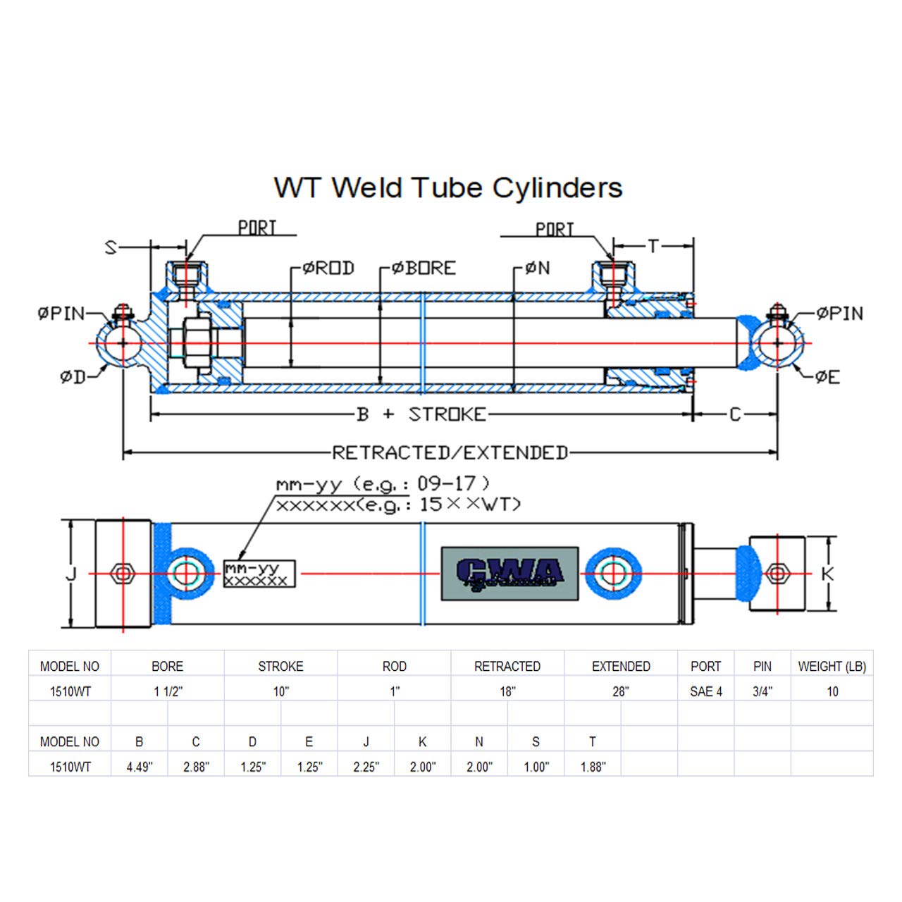 CWA Hydraulics WT Weld Cross Tube Hydraulic Cylinder 3 Bore x 12 Stroke x 1 1/2 Rod x SAE 8 Port