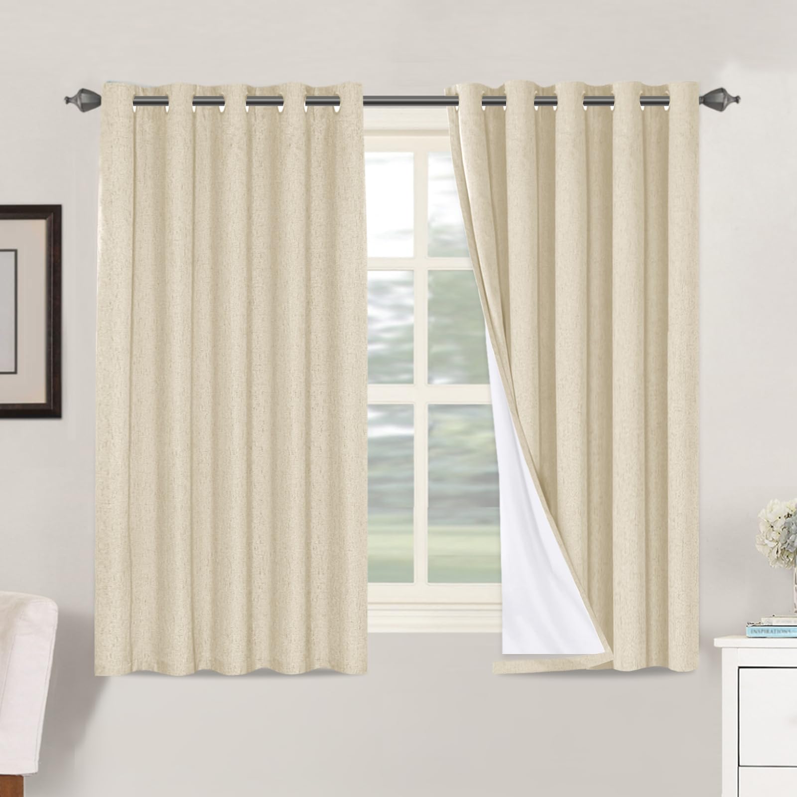 BellaHills 100% Blackout Curtains for Bedroom Eyelet Linen Curtains for Living Room with White Coating Back Grommet Thermal Insulated Curtain 2 Panels, 66 x 54 Inch, Bleached Sand