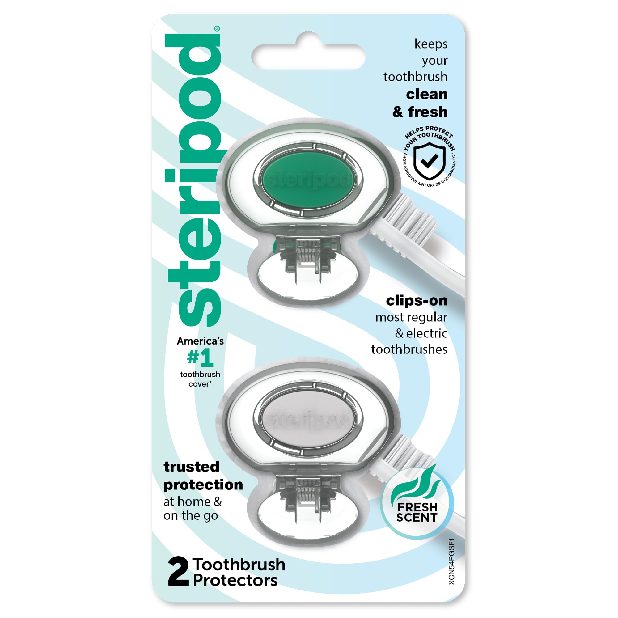 Photo 1 of *2027-03-31* *2 Pack* Steripod Clip-on Toothbrush Protector, Green/Silver, 2 Count