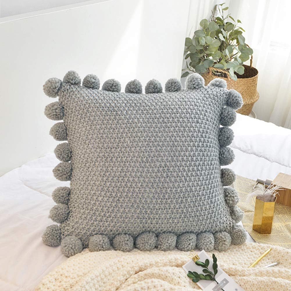 LakeMono Knitted Throw Cushion Covers Decorative Stretchable Pillow Case with Pompoms for Living Room/Car/Office (Jade Grey,18” x 18”-20” x 20”)