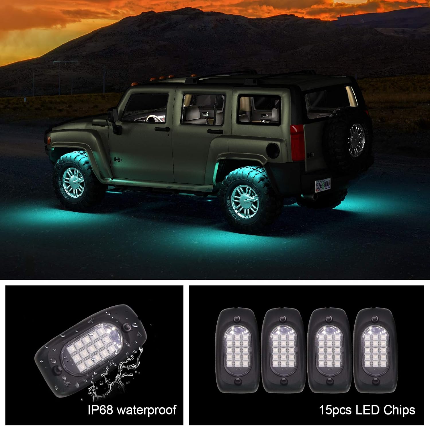 YiLaie RGB LED Rock Lights, 4Pcs RGB Underglow Light Kit for Car with APP/RF Control, Waterproof, 16 Million Colours - Image 3