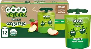GoGo squeeZ No Sugar Added Organic Applesauce, Apple Apple, 12 Count | Kids On The Go Fruit Snack with Applesauce & Puree; 3.